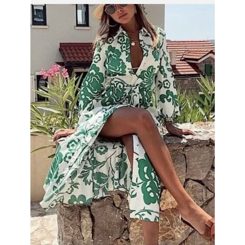 Zara White Maxi Dress with Green Floral Print